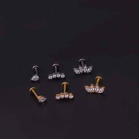 Anneau De Lèvre Fileté G23 Titane Zircon Goutte Dos Plat Cartilage Oreille Stud Piercing Bijoux De Corps