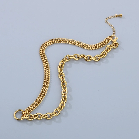 Spliced Necklace Asymmetrical Stainless Steel Cuban Rolo Chain Double Layer Streetwear Jewelry For Women Men