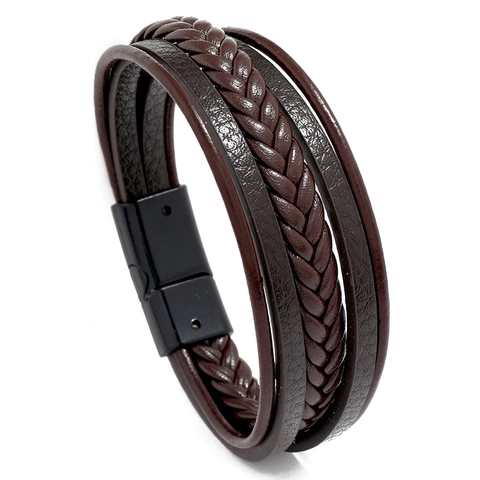 Men Multi-Layer Woven Leather Bracelet Punk Braided Wristband Vintage Casual Jewelry Alloy Magnetic Buckle