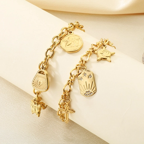 Gold Plated 316L Stainless Steel Charm Bracelet For Women Retro Celestial Sun Moon Star Heart Pendants Fashion Jewelry