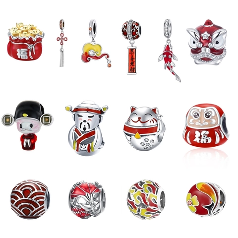 925 Sterling Silver Chinese Style Charms Enamel Koi Fish Fortune Bag Lion Dance Beads Zirconia Inlaid Jewelry Making Findings