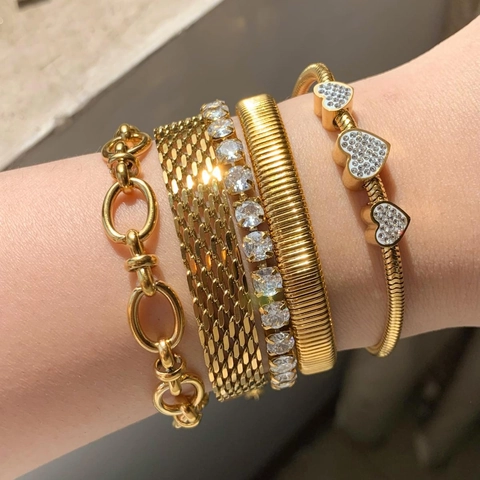 Bracciali Sovrapponibili Acciaio Inossidabile Pendente Cuore Zircone Catena Tennis Maglia Gioielli Per Donne Moda