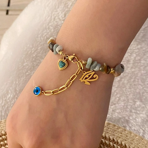 Bracciale Di Perline In Pietra Naturale Acciaio Inossidabile Ciondoli Cuore Occhio Elefante Corona Gioielli Boho Per Donna