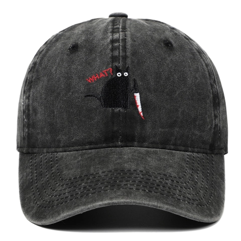 Retro Gewaschene Baumwolle Baseballkappe Distressed Stickerei Schwarze Katze Messer WHAT Lustig Verstellbar Sonnenhut Für Damen Herren