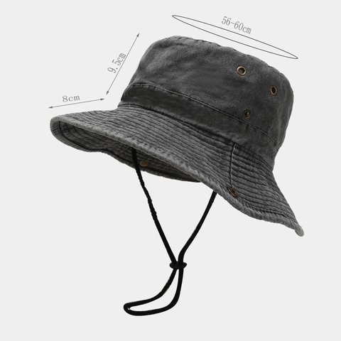 Washed Cotton Canvas Bucket Hat Outdoor Sun Protection Wide Brim Fishing Safari Cap With Adjustable Windproof Rope