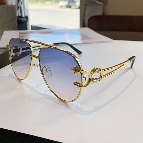 Lunettes De Soleil Aviateur Double Pont Monture Métallique Avec Décor Tête De Léopard Protection UV400 Mode Rétro