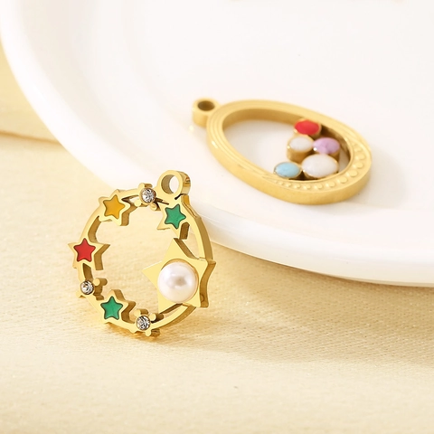 Ciondoli In Acciaio Inossidabile Stella Ovale Charms Con Smalto Perla Artificial Zircone Placcato Oro 18K Accessori Gioielli DIY