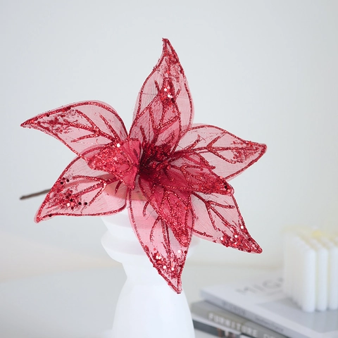 Sheer Mesh Christmas Poinsettia Flowers Sparkling Glitter Sequins Artificial Floral Ornaments Christmas Tree Home Decor