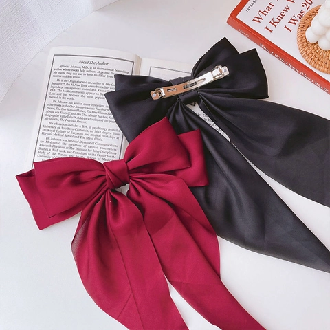 Grande Pince À Cheveux Noeud Satin Long Ruban Élégant Style Français Accessoires Cheveux Pour Femmes Filles