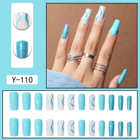 Unghie Finte Blu Cielo Con Glitter Forma Trapezoidale Lunga Unghie A Pressione Con Linee Ondulate Manicure Elegante Per Donne