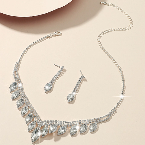 Legierung Strass Halskette Und Ohrringe Funkelnde Kristall Blatt Hochzeit Braut Bankett Schmuck Für Frauen