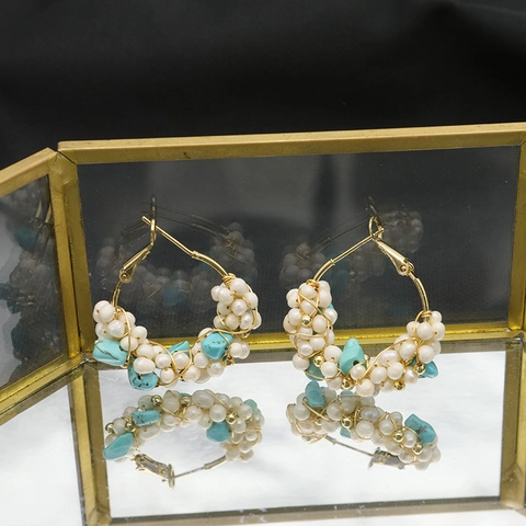 Orecchini a Cerchio Retro Fatti a Mano Con Perle d'Acqua Dolce e Turchese Con Perno in Argento Sterling 925 Gioielli Boho Donna