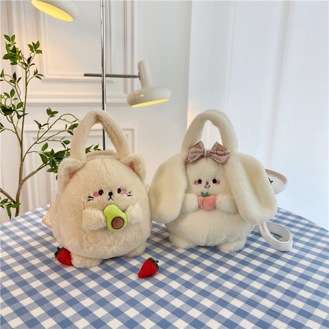 Plush Crossbody Bag Cute Soft Animal Shaped Cat Rabbit Handbag Pouch For Kids Girls