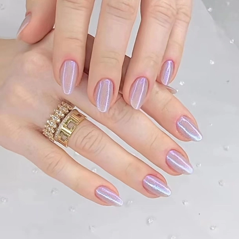 Uñas Postizas Con Purpurina Aurora Color Púrpura Rosa Forma Ovalada Cobertura Completa Uñas Artificiales Para Mujeres Estilo Ins