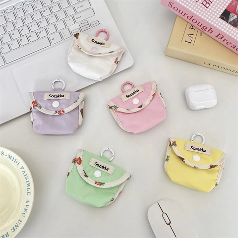 Japanese Style Grid Fabric Wireless Earphone Case Contrast Color Floral Bear Storage Bag With Hook Universal Headphone Protective Sleeve Gift Women