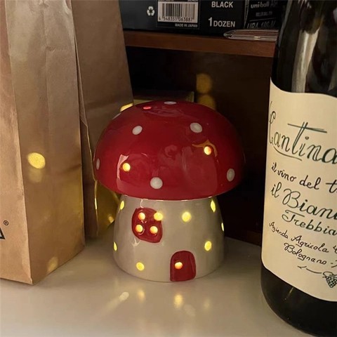 Mushroom Night Light Ceramic Mushroom House Shape Warm LED Glow Desk Figurine For Bedroom Bedside Decor Nordic Creative Gift