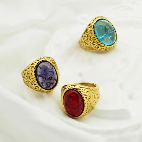 Vintage Stainless Steel Viking Rune Ring Large Oval Gemstone Signet Ring Retro Carved Filigree Jewelry For Men Women
