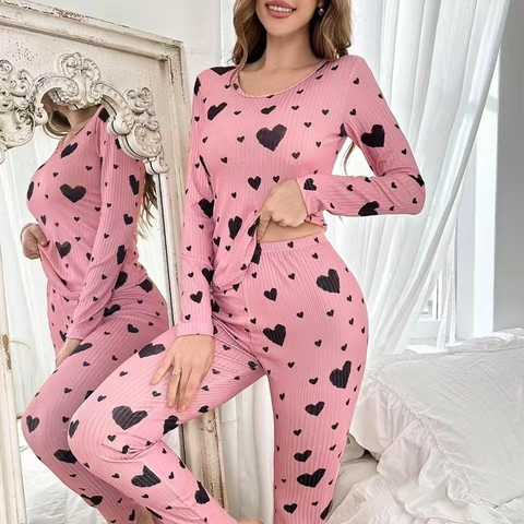 Pigiama Da Donna Top E Pantaloni A Costine Poliestere Spandex Stampa A Cuore Girocollo Manica Lunga Loungewear Casual