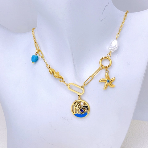 Set di Collana e Bracciale a Tema Oceano in Acciaio al Titanio Oro Seahorse Stella Marina Palma Perla Artificiale Strass Gioielli da Donna