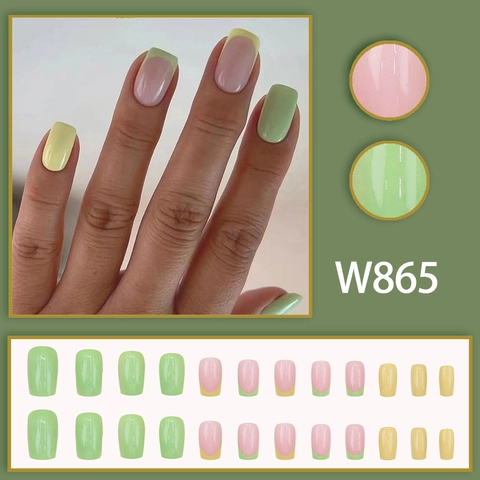 French Style Press On Nails Contrast Colors Yellow Green Pink Glossy Square Round False Nails For Women Daily Manicure