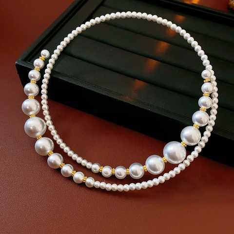 Layered Faux Artificial Pearl Choker Necklace With Copper Gold Spacers Gradient Geometric Elegant Retro Jewelry For Women