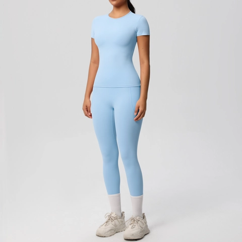 Women Yoga Outfits Short Sleeve Top And High Waist Leggings With Pockets Slim Fit Nylon Spandex Sports Wear