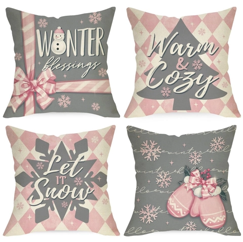 Fundas De Cojín De Navidad Algodón Lino Invierno Muñeco De Nieve Copo De Nieve Árbol Patrones Decorativos Sofá Hogar Rosa Gris