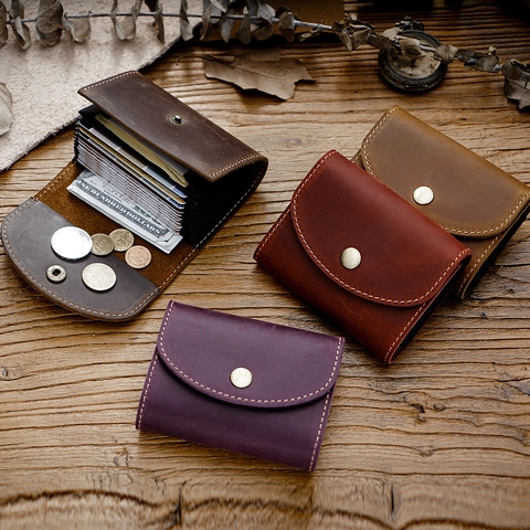 Retro Crazy Horse Genuine Leather Card Holder Accordion Multi Slot Wallet Vintage Cowhide Leather Case With Metal Buckle