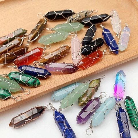 Natuursteen Kristal Zeshoekige Kolom Hangers Draad Omwikkeld Bullet Point Healing Edelstenen Mode-Sieraden Voor Vrouwen