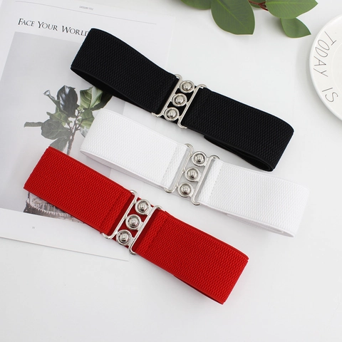 Women Wide Elastic Waist Belt With Alloy Interlocking Round Buckle Decorative Corset Cinch Belt For Dresses