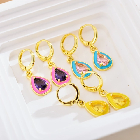 Teardrop Anhänger Hoop Ohrringe Für Damen Bunte Emaille Wassertropfen Zirkon Inlaid Edelstahl Modeschmuck Elegant