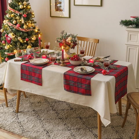 Chemin De Table Et Sets De Table De Noël Carreaux Rouge Vert Flocon Polyester Texture Lin Résistant À La Chaleur Décor