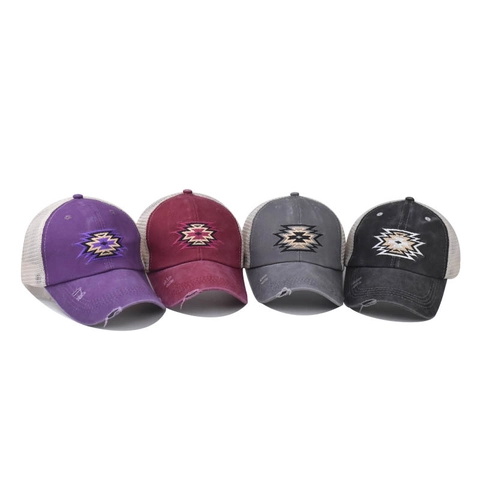 Dames Honkbalpet Met Paardenstaart Opening Gewassen Katoen Mesh Trucker Pet Geometrisch Borduurwerk Verstelbaar