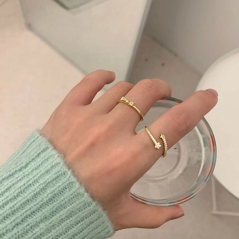 Anello Da Donna In Rame Placcato Oro Aperto Regolabile Fiocco Stella Zircone Minimalista Elegante Gioiello Moda