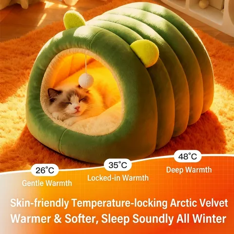 Semi Enclosed Cat Bed Cave Caterpillar Shape Warm Plush Pet Nest House With Hanging Toy Ball For Winter Indoor Kitten
