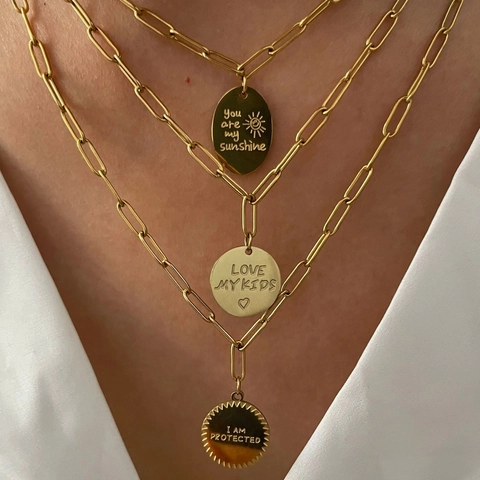 Engraved Quote Pendant Necklace 18K Gold Plated Stainless Steel Paperclip Chain Personalized Jewelry Gift For Women