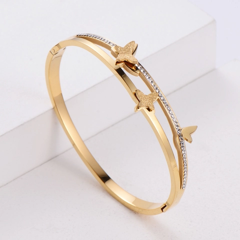 Butterfly Bangle Bracelet 304 Stainless Steel Double Layer Pavé Zircon Rhinestone Elegant Minimalist Jewelry For Women