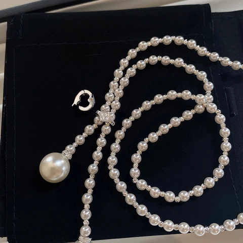 Lange Y-Lariat Künstliche Perlenkette Für Damen Legierung Zirkon Geometrischer Verschluss Vintage Elegante Pulloverkette Schmuck