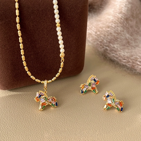 Colorful Zircon Pony Necklace And Earrings Copper Jewelry With Artificial Pearls And Silver Earring Post For Women