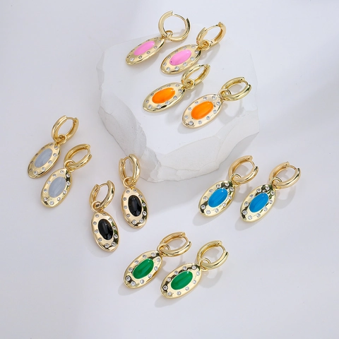 Retro Oval Anhänger Creolen Kupfer 18K Vergoldet Mikro Eingelegter Zirkon Emaille Geometrischer Schmuck Damen