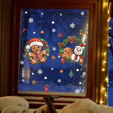 Kerst Raamstickers PVC Statische Film Gemberkoekpoppetje Sneeuwman Sneeuwvlok Vakantie Glas Decals Herbruikbaar