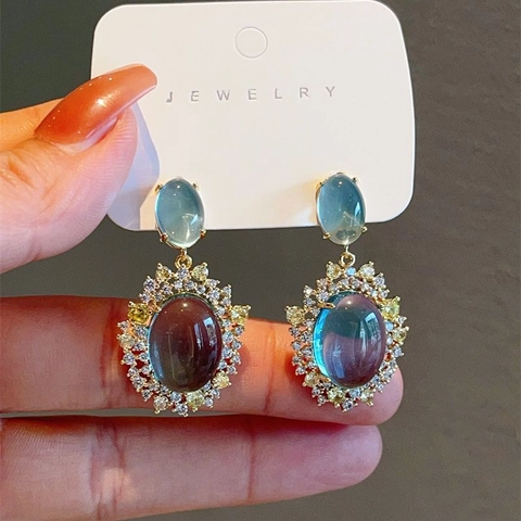 Orecchini Pendenti Eleganti Vintage Con Pietra Occhio Di Gatto Blu Zircone Lega E Perno In Argento Per Donna