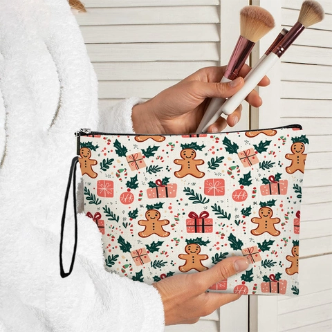 Borsa Trucco Con Stampa Omino Di Pan Di Zenzero Di Natale Pochette Da Toilette Portatile In Lino Con Cerniera E Cinturino Da Polso