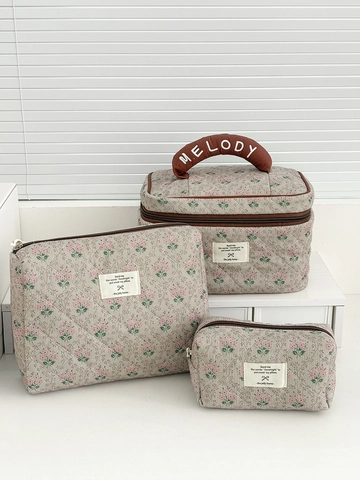 Quilted Floral Cosmetic Bag Corduroy Large Capacity Portable Travel Toiletry Pouch Fresh Pastoral Style Women Organizer