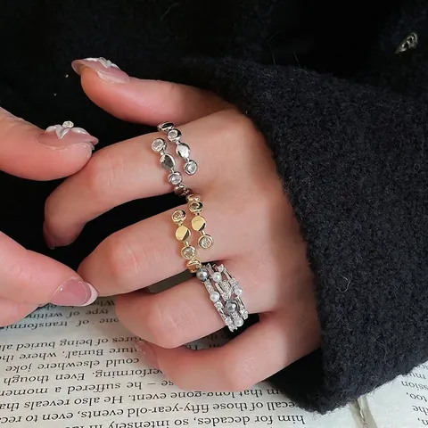 Elegant Layered Adjustable Open Ring With Zircon And Faux Artificial Pearl Chic Aesthetic Jewelry Accessory Gift For Women