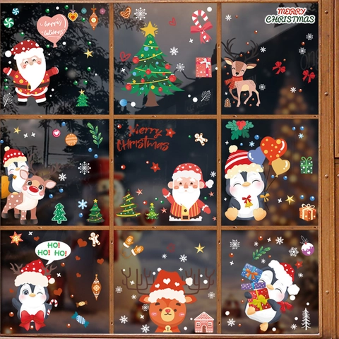 Christmas Window Stickers Static Cling PVC Glue Free Santa Reindeer Snowflake Penguin For Holiday Home Party Shop Glass Decor