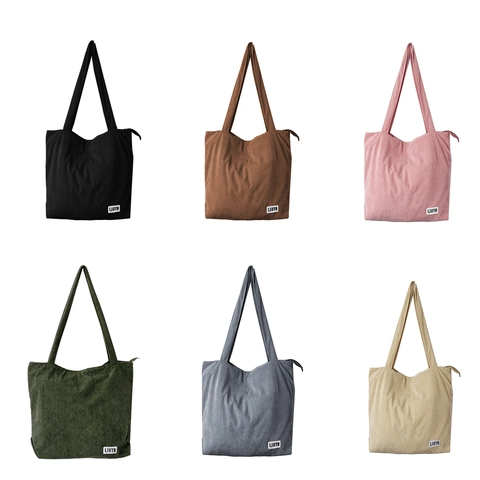 Corduroy Tote Bag Large Capacity Women Shoulder Handbag Casual Solid Color Zipper Shopping Bag For Daily Use