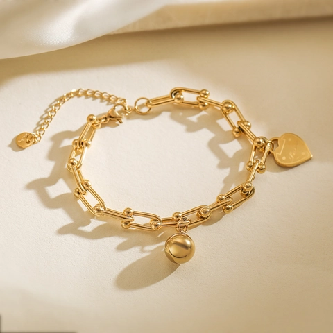 Bracciale a Catena Minimalista in Acciaio Inossidabile per Donna Ciondolo a Cuore Sfera Placcato Oro Gioielli con Incisione Love