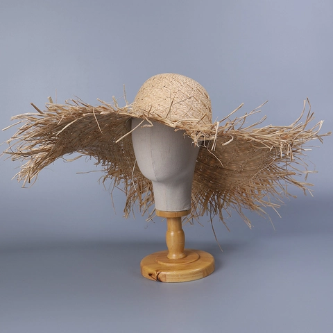 Oversized Wide Brim Raffia Straw Hat Hand Woven Frayed Edge Sun Protection Beach Vacation Bohemian Style For Women Foldable