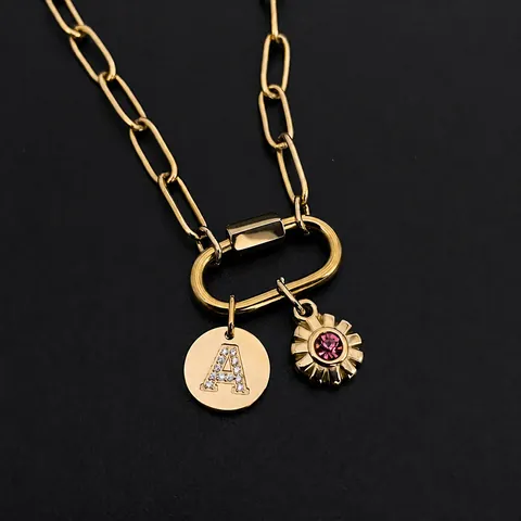 Roestvrijstalen Beginletter Hanger Ketting 14K Verguld Strass Zonnebloem Bedel Paperclip Ketting Voor Dames